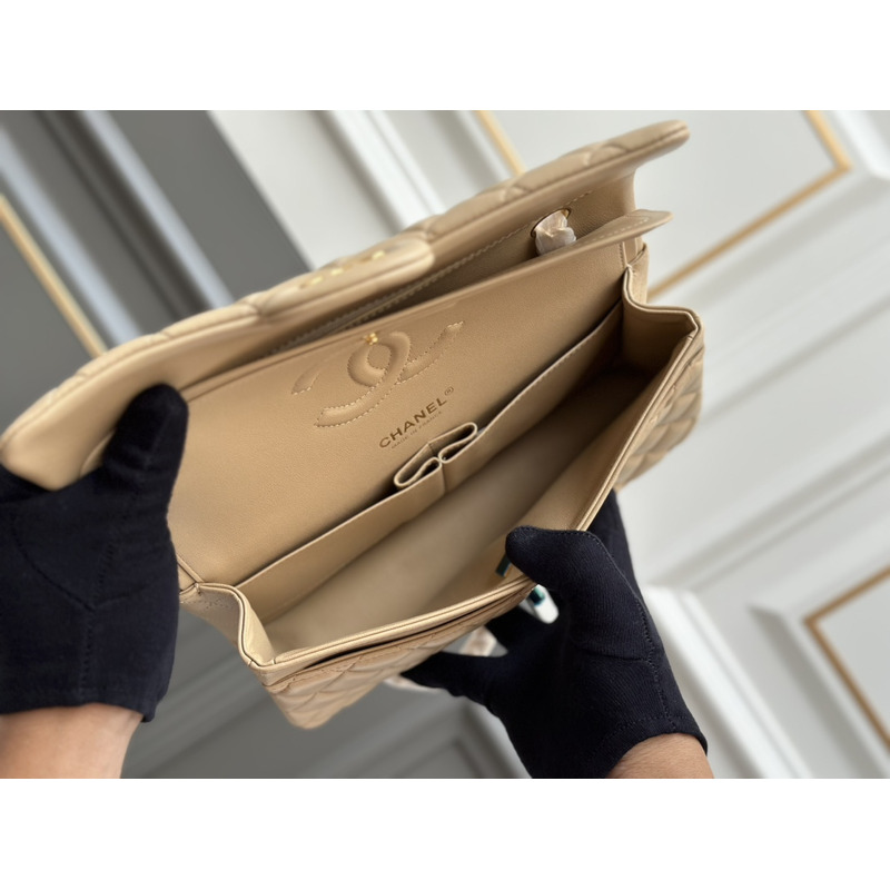 Ch*el classic quilted medium double flap beige lambskin