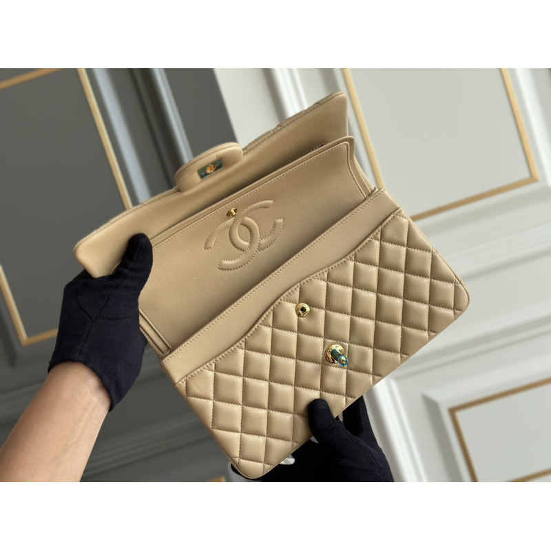 Ch*el classic quilted medium double flap beige lambskin