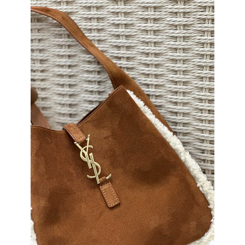 saint laurent le 5 À 7 S*pple small in suede and shearling dark cigar and natural beige