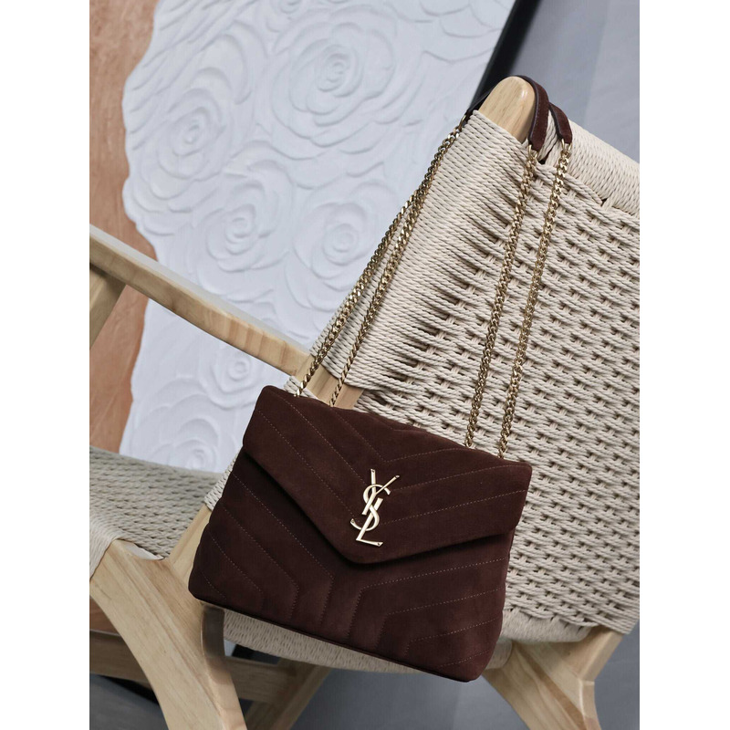 Saint Laurent Small Loulou Quiled Suede Handbag Dark Brown