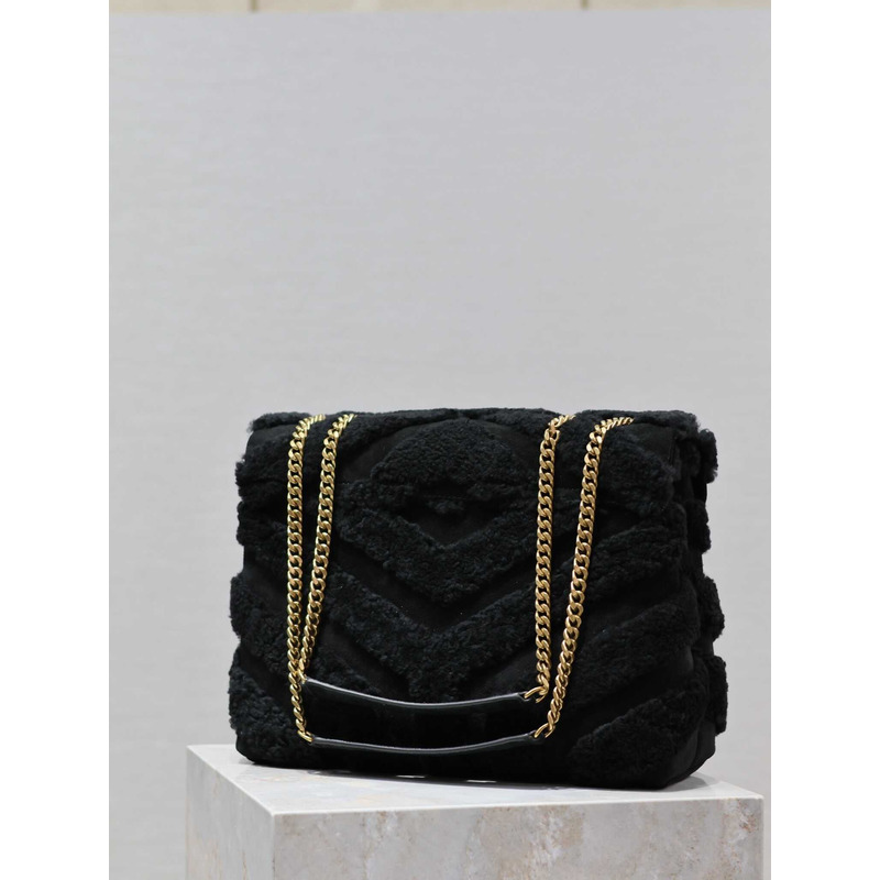 Saint Laurent Medium Loulou Puffer Shearling Shoulder Bag Black