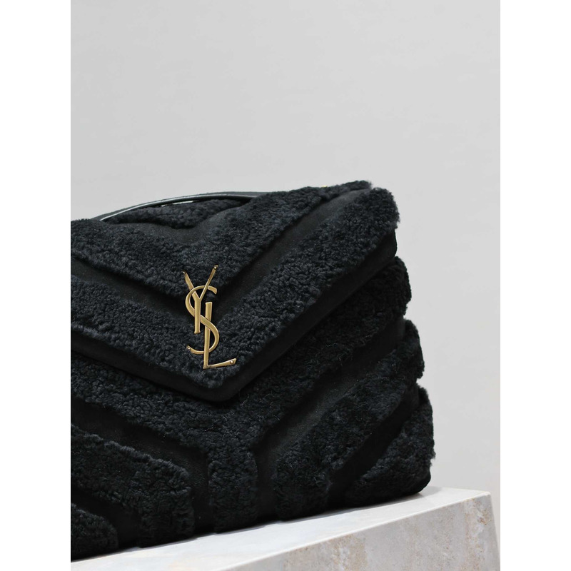 Saint Laurent Medium Loulou Puffer Shearling Shoulder Bag Black