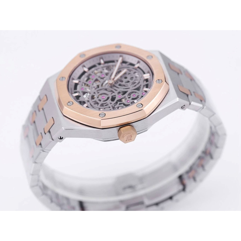 Audemars Piguet Royal Oak Openworked Steel Mens Watch Gold Dial