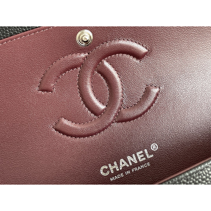 Ch*el classic double flap quilted caviar silver-tone medium black