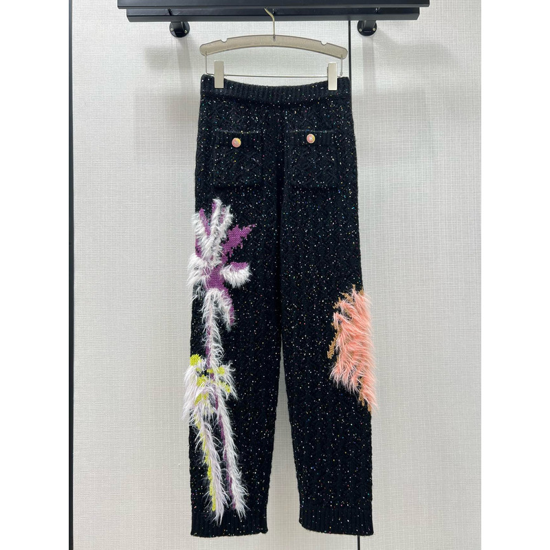 Ch*el glittered wool & mixed fibers trousers black & multicolor