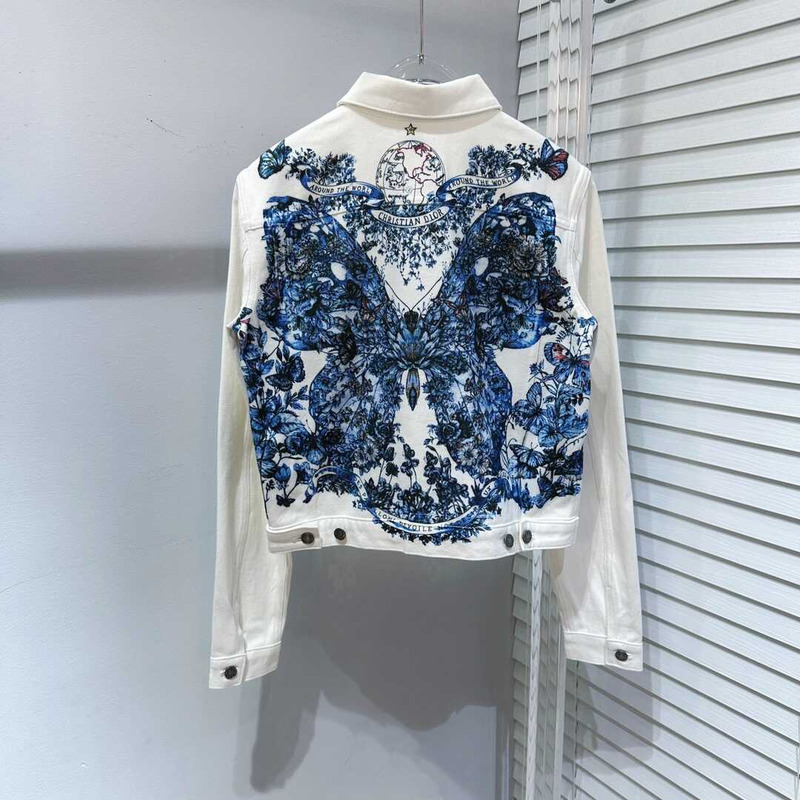 D*or jacket ecru cotton denim with multicolor butterfly white