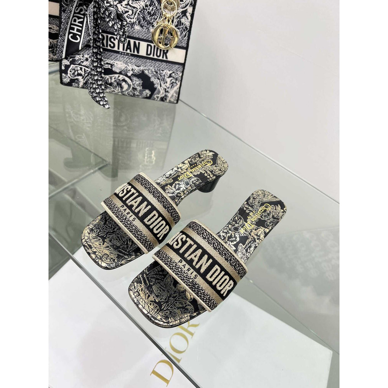 ch**an D*or dway heeled slide butterflies embroidered cotton black