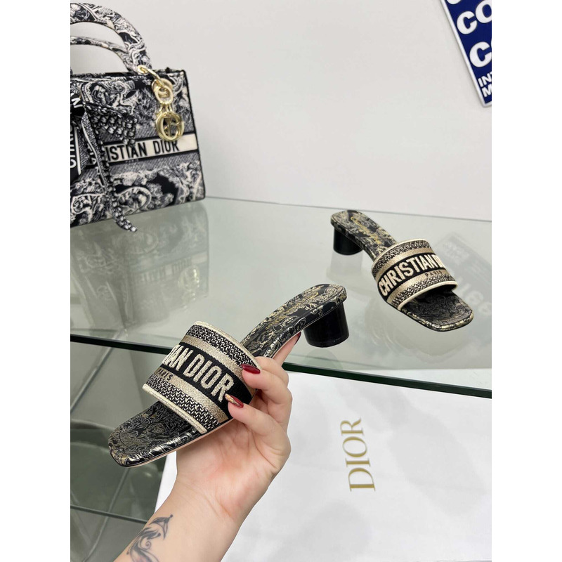 ch**an D*or dway heeled slide butterflies embroidered cotton black