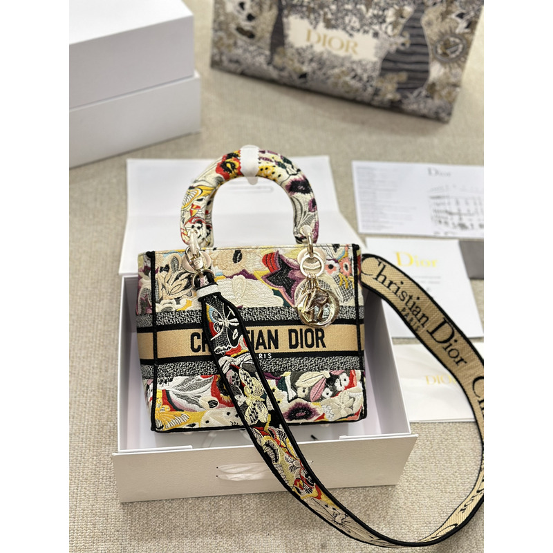 D*or medium lady d-lite bag brocart butterfly embroidery beige multicolor
