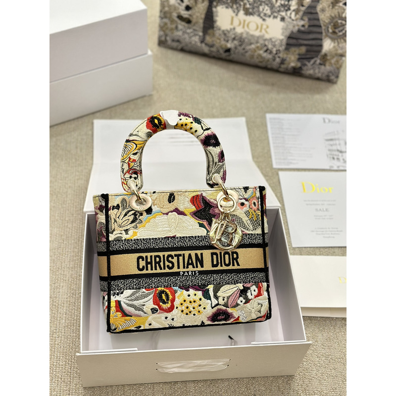 D*or medium lady d-lite bag brocart butterfly embroidery beige multicolor