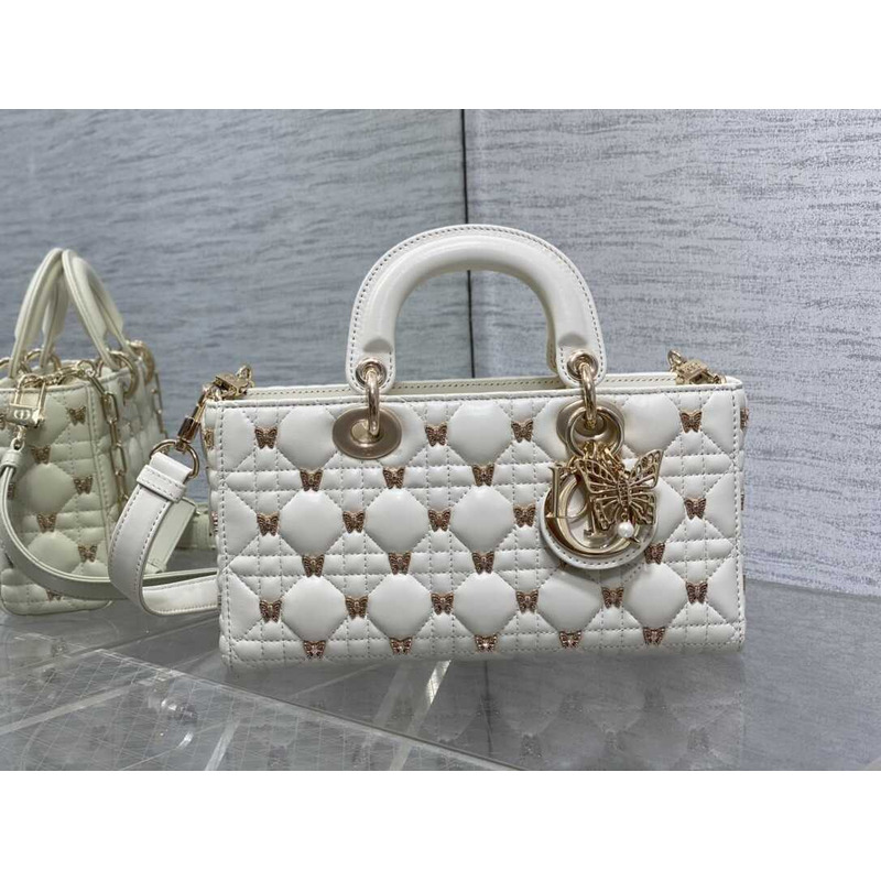 D*or medium lady d-joy bag cannage lambskin gold-finish butterfly studs white