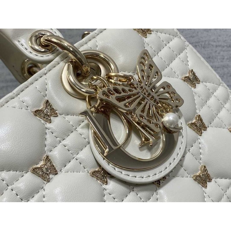 D*or medium lady d-joy bag cannage lambskin gold-finish butterfly studs white