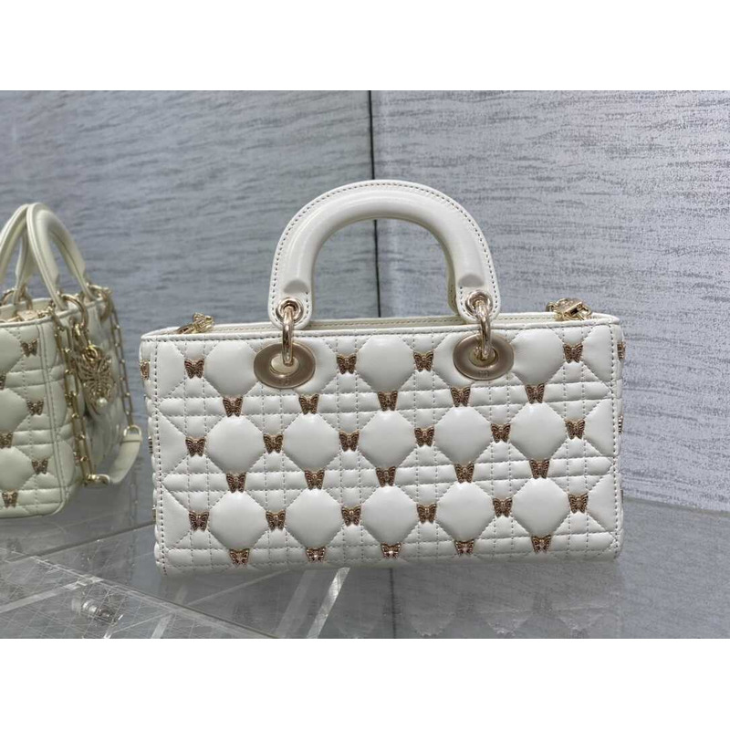 D*or medium lady d-joy bag cannage lambskin gold-finish butterfly studs white