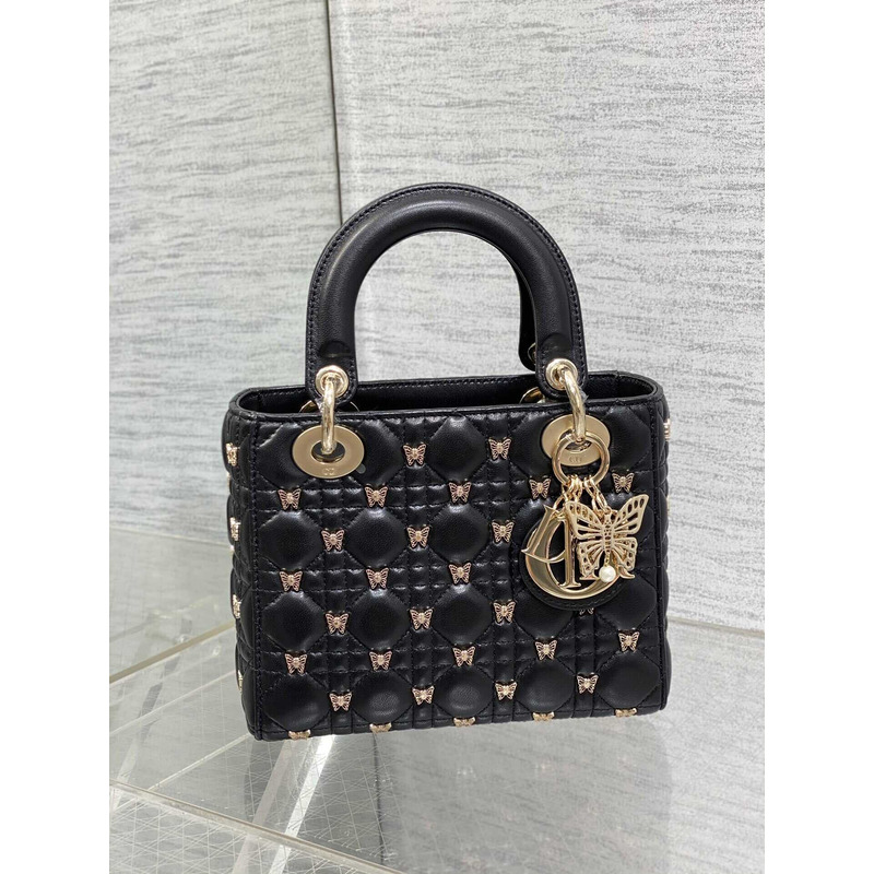 D*or small lady D*or bag lambskin gold-finish butterfly studs black