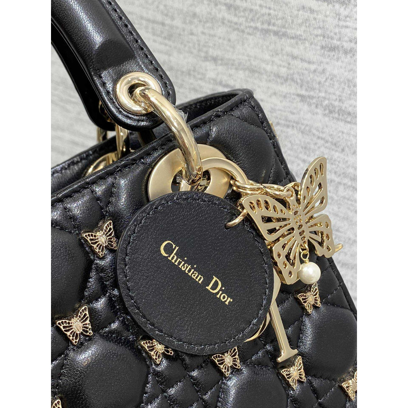 D*or small lady D*or bag lambskin gold-finish butterfly studs black
