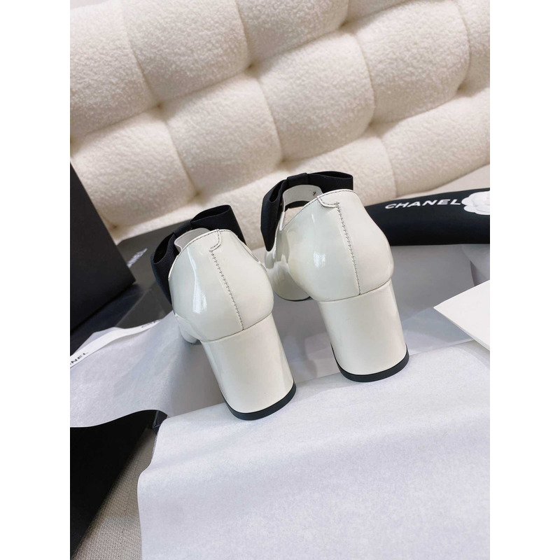 Ch*el mary jane calf patent leather and grosgrain black and white