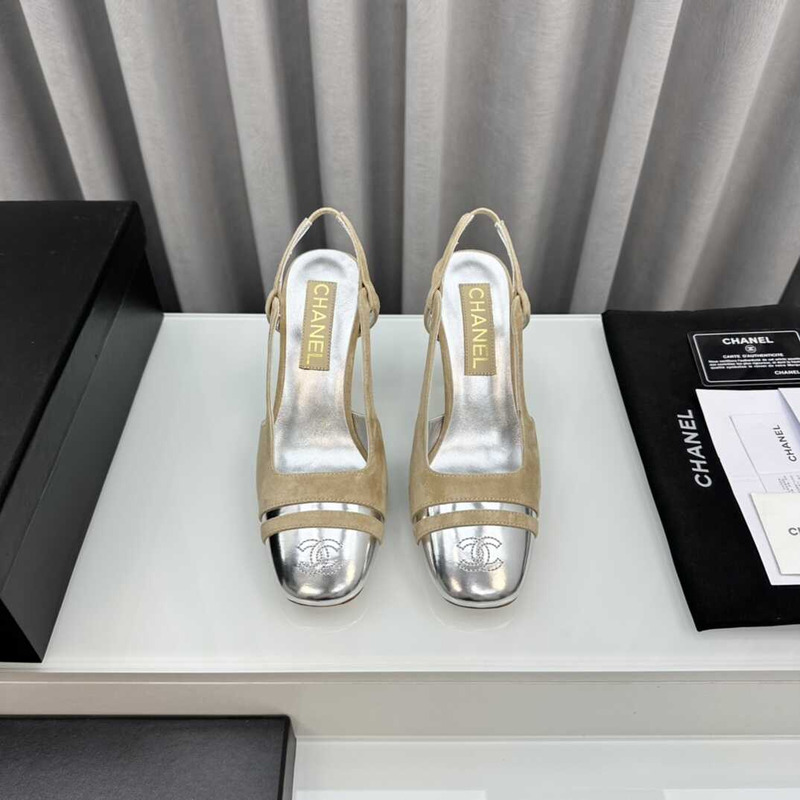 Ch*el velvet and leather high heel slingbacks silver and beige