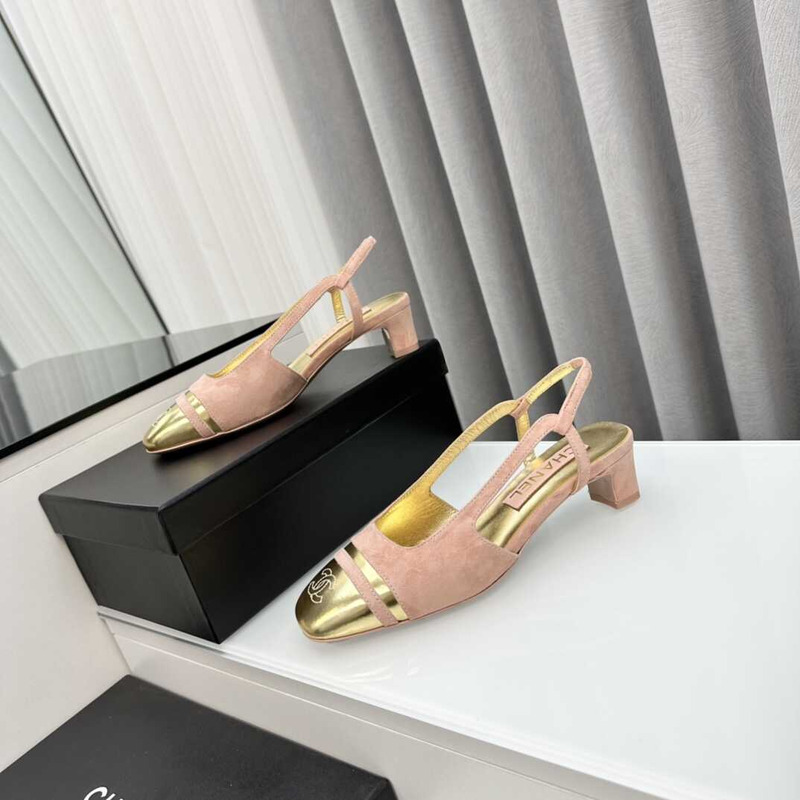 Ch*el velvet and leather slingbacks golden and pink