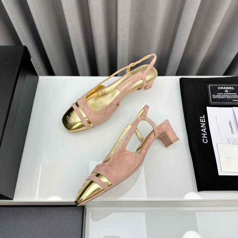 Ch*el velvet and leather slingbacks golden and pink