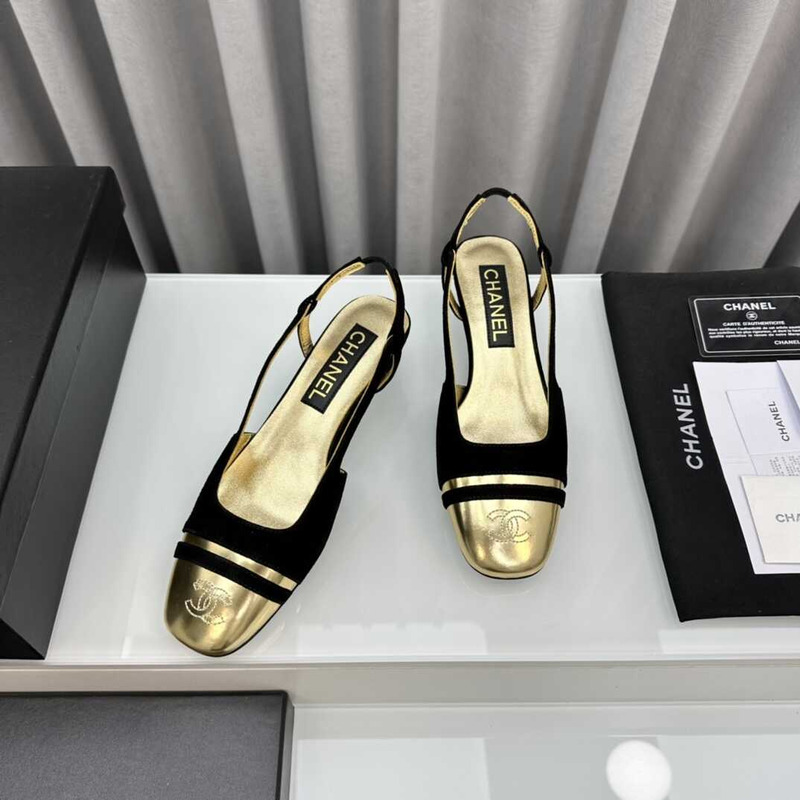 Ch*el velvet and leather slingbacks golden and black