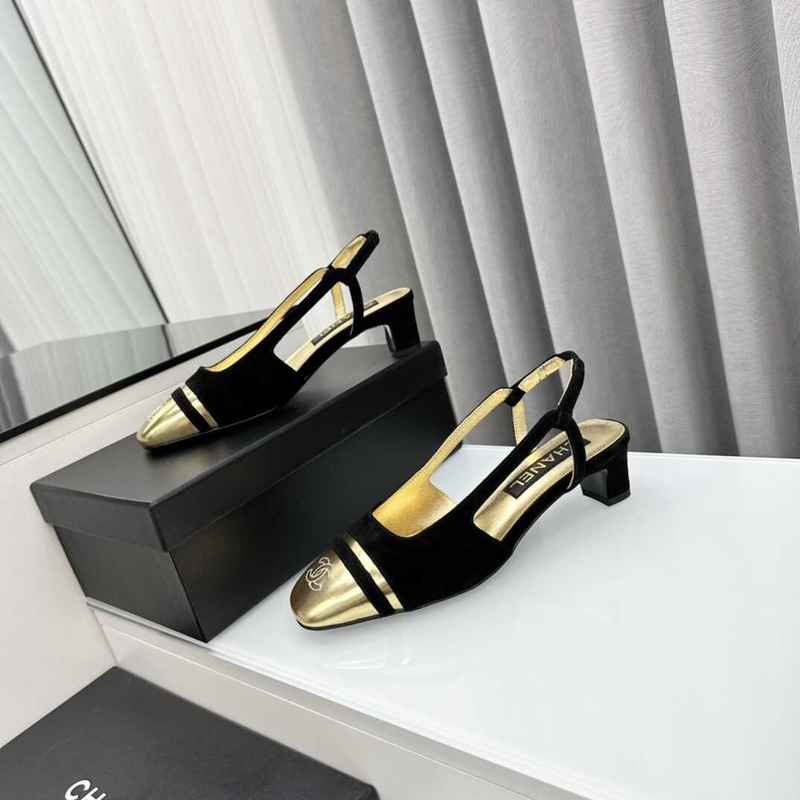 Ch*el velvet and leather slingbacks golden and black