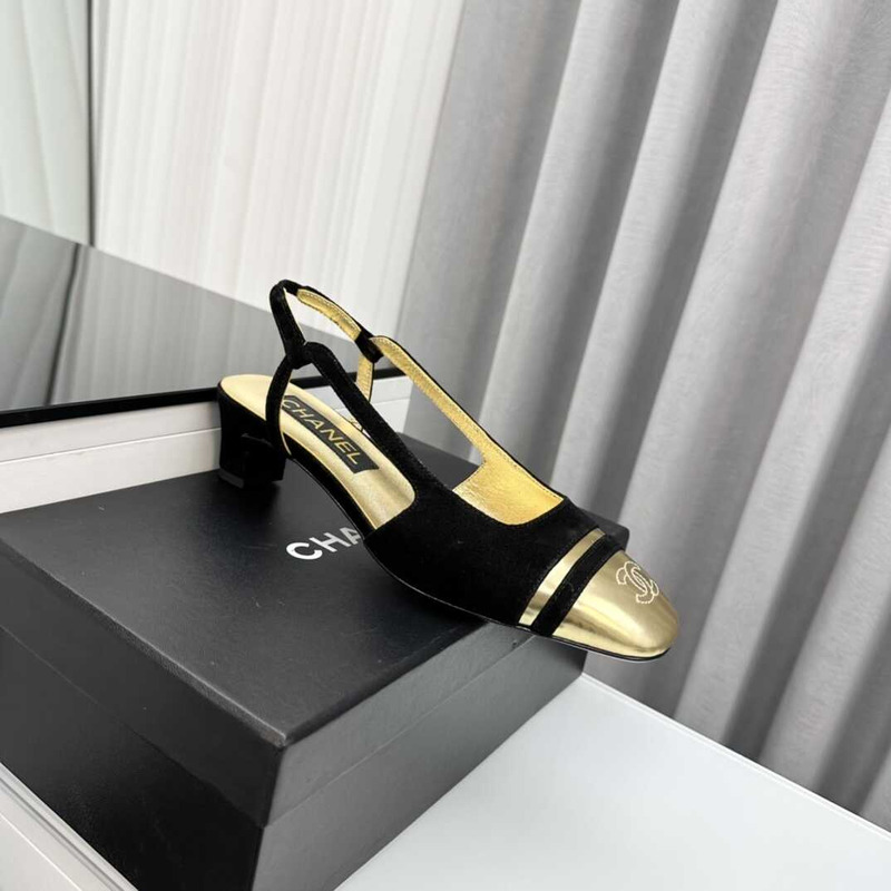 Ch*el velvet and leather slingbacks golden and black