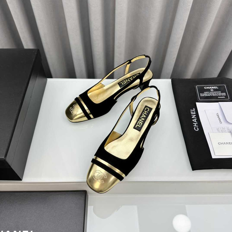 Ch*el velvet and leather slingbacks golden and black