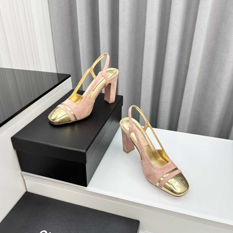 Ch*el velvet and leather high heel slingbacks golden and pink