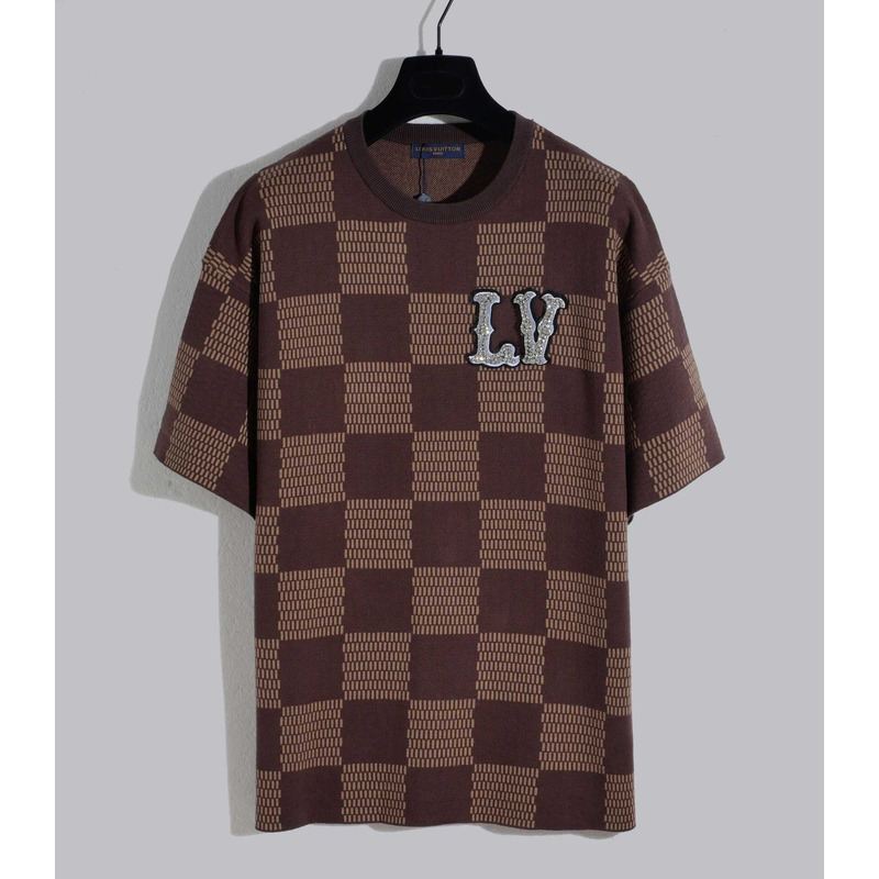 l**is V*t*n short-sleeved cotton damier crewneck with crystal lv patch sienna