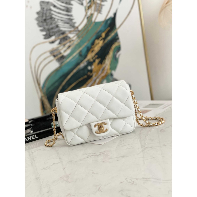Ch*el mini lambskin flap bag white