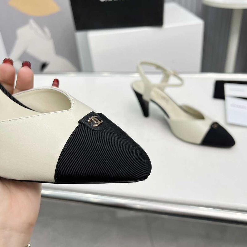 Ch*el contrast toe leather sling backs white