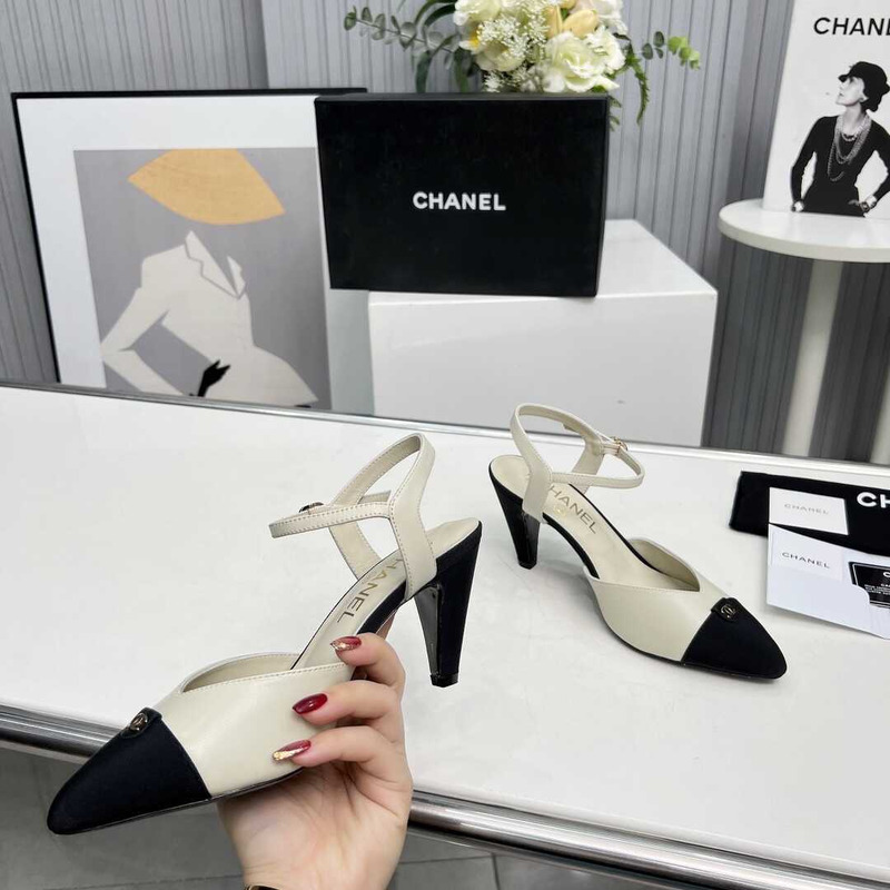 Ch*el contrast toe leather sling backs white