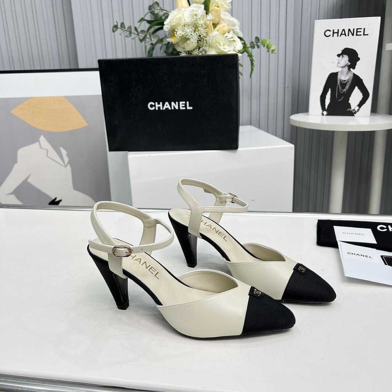 Ch*el contrast toe leather sling backs white