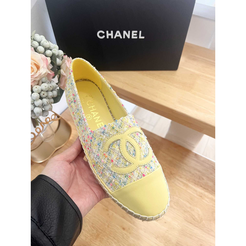 Ch*el espadrilles glittered cotton tweed & lambskin yellow & multicolor