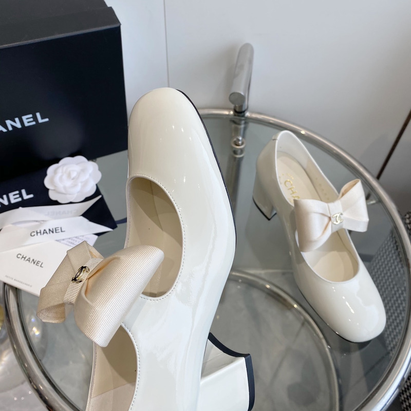 Ch*el mary janes patent calfskin & grosgrain white