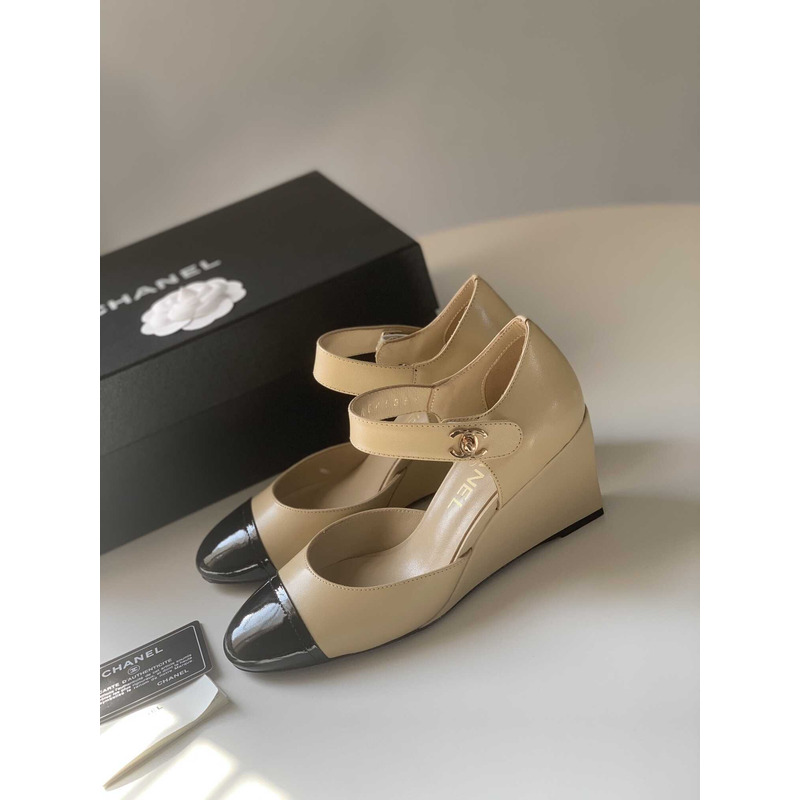 Ch*el lambskin patent cap toe mary jane wedge pumps brown black