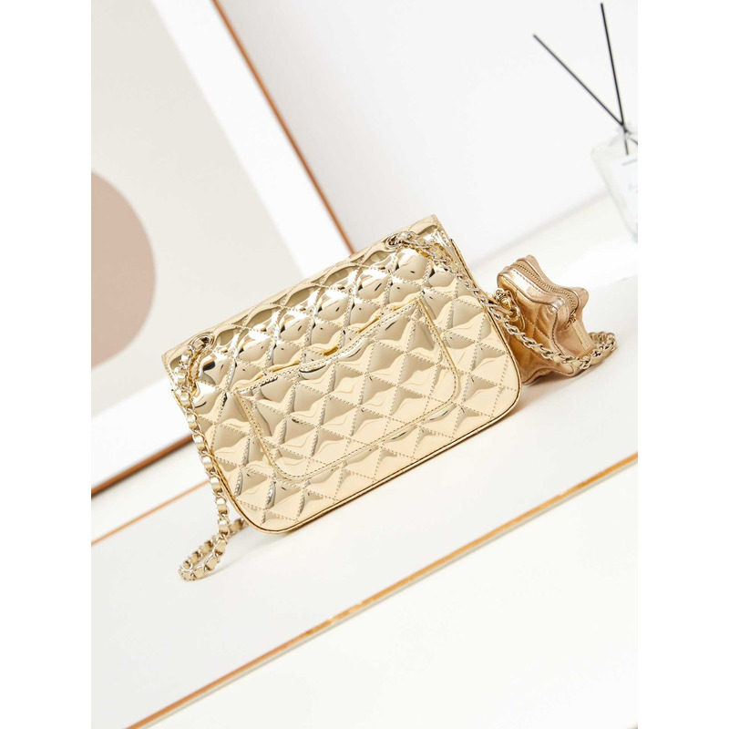 Ch*el flap & star coin purse metallic mirror calfskin, metallic lambskin & gold-tone metal light gold