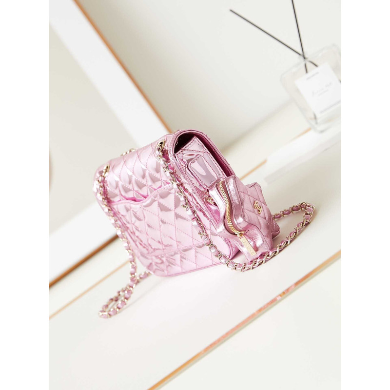 Ch*el mini flap bag & star coin purse metallic mirror calfskin, metallic lambskin & gold-tone metal light pink
