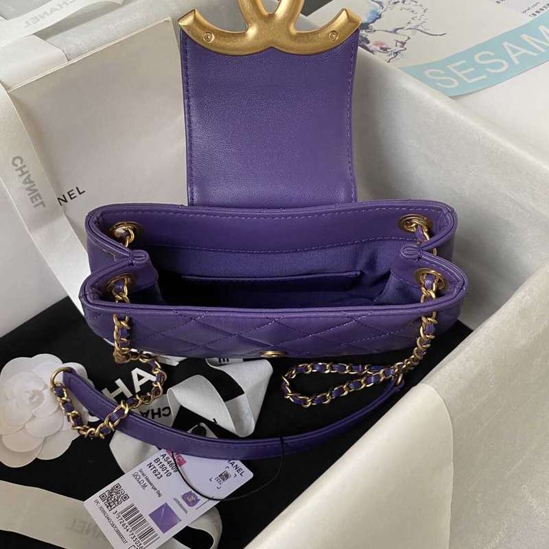 Ch*el small messenger bag lambskin & gold-tone metal purple