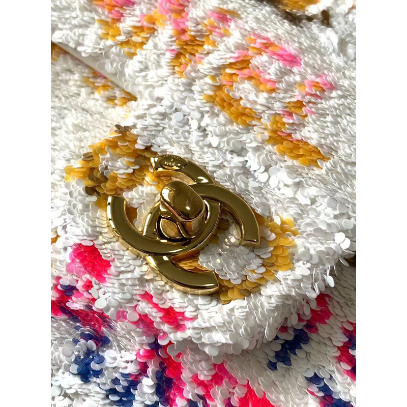 Ch*el small flap bag sequins & gold-tone metal white, yellow, pink & blue