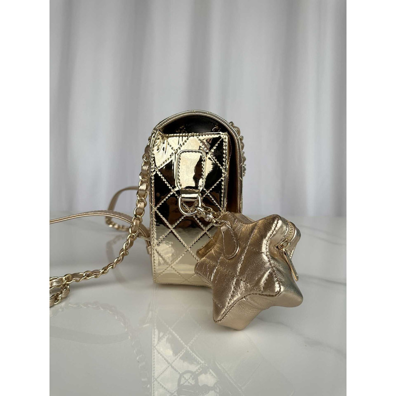Ch*el backpack & star coin purse metallic mirror calfskin, metallic lambskin & gold-tone metal light gold