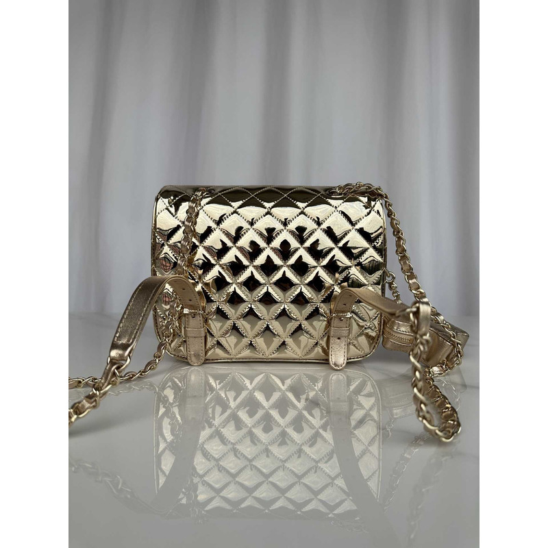 Ch*el backpack & star coin purse metallic mirror calfskin, metallic lambskin & gold-tone metal light gold