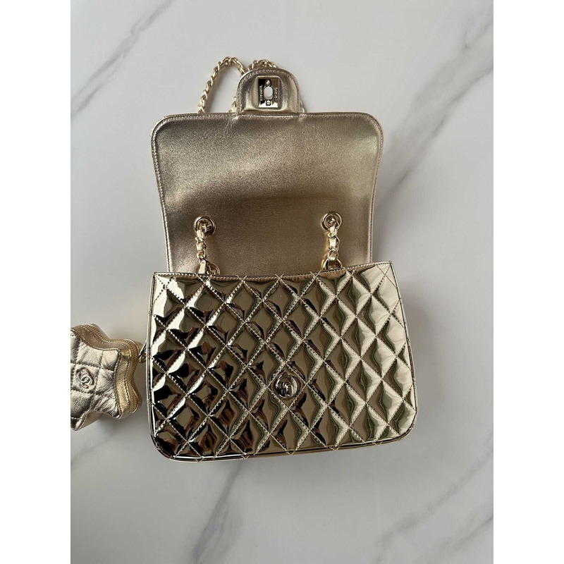 Ch*el backpack & star coin purse metallic mirror calfskin, metallic lambskin & gold-tone metal light gold