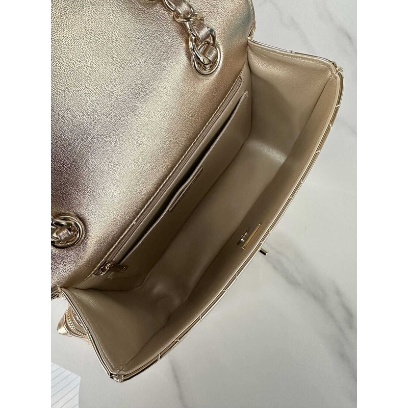 Ch*el backpack & star coin purse metallic mirror calfskin, metallic lambskin & gold-tone metal light gold