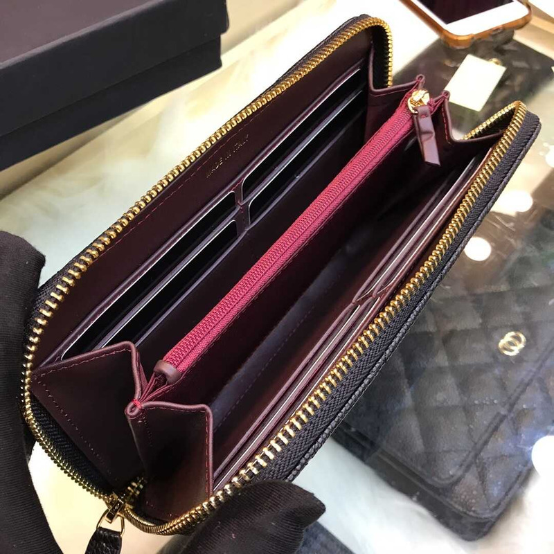 Ch*el gusset zip around wallet quilted caviar golden-tone large black