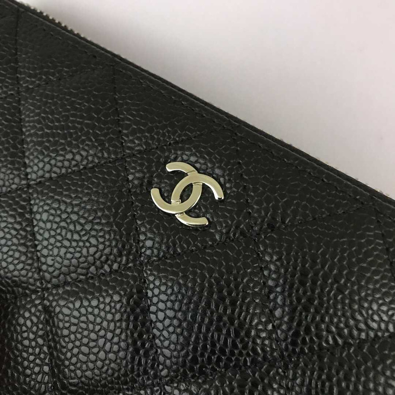 Ch*el gusset zip around wallet quilted caviar silver-tone large black
