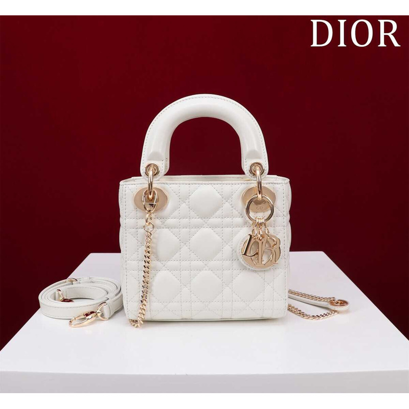D*or mini lady D*or bag, latte cannage lambskin white