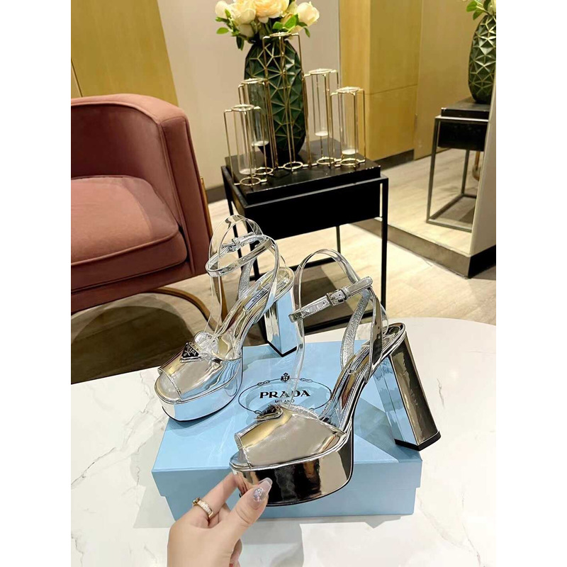 Pra*a logo plaque platform heeled sandals silver