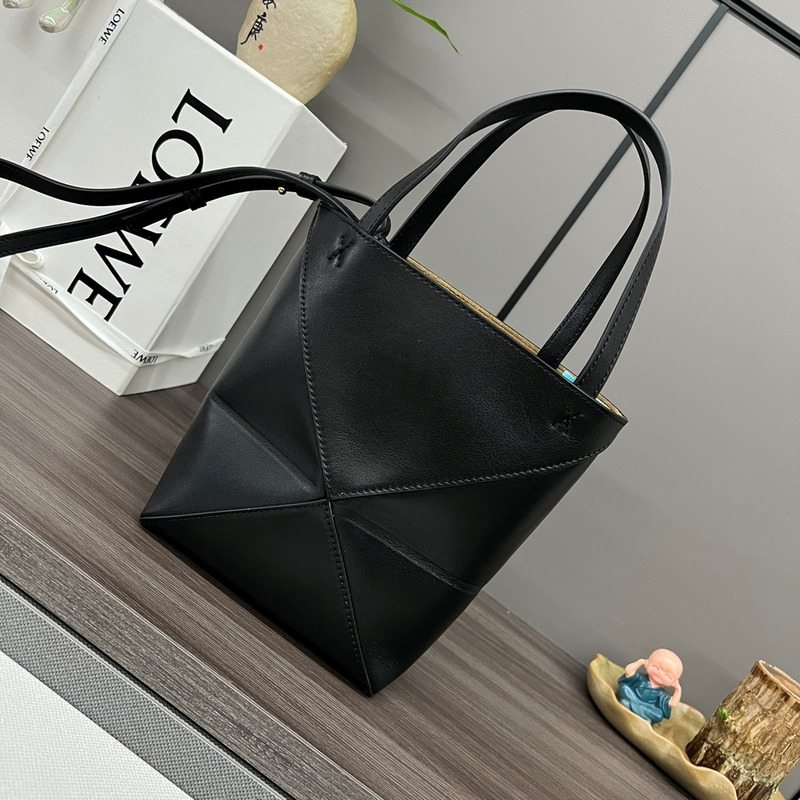 Loewe Mini Puzzle Fold Tote in Shiny Calfskin Black