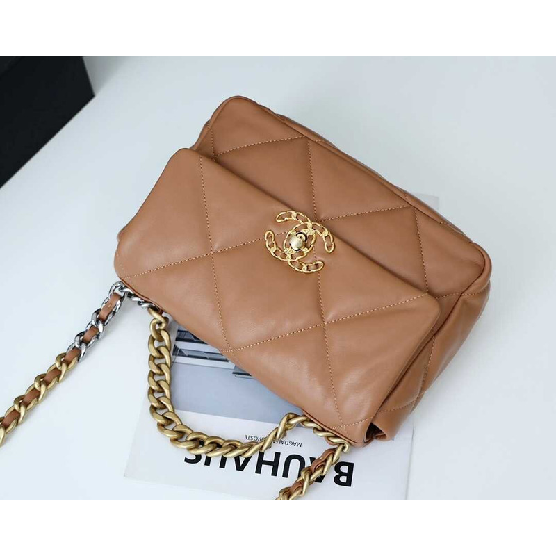 Ch*el 19 small flap lambskin silver  aged gold brown